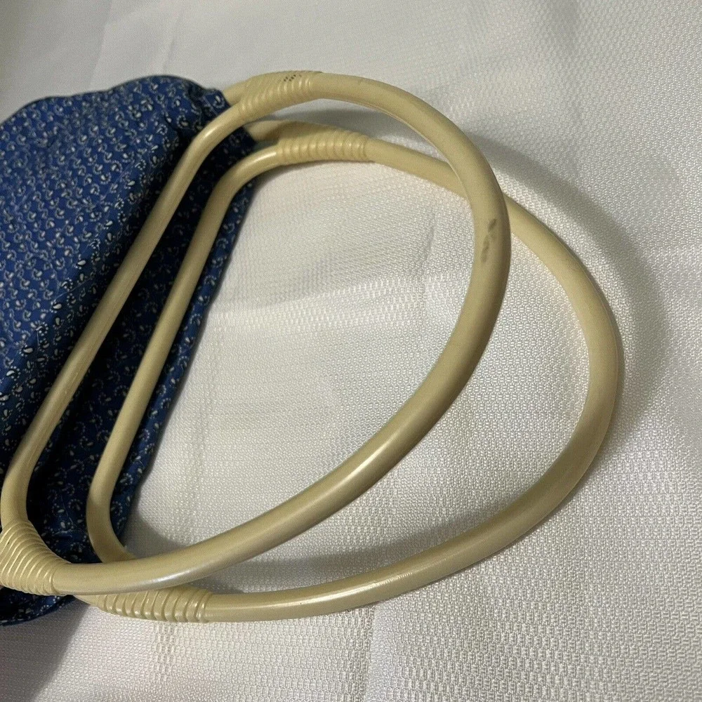 Vintage 60’s-70’s BOHO Blue Beige Quilted Handbag Purse Lucite Top Handles